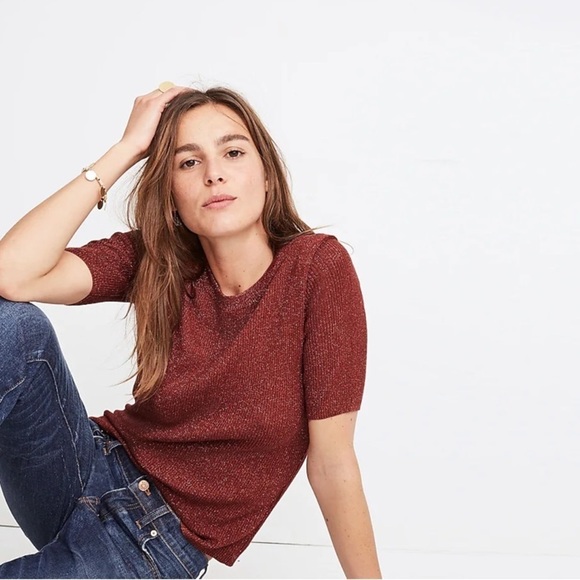NWT Madewell Evening Sparkle Burnt Orange Ribbed Sweater Short Sleeve Top Small - Picture 1 of 13